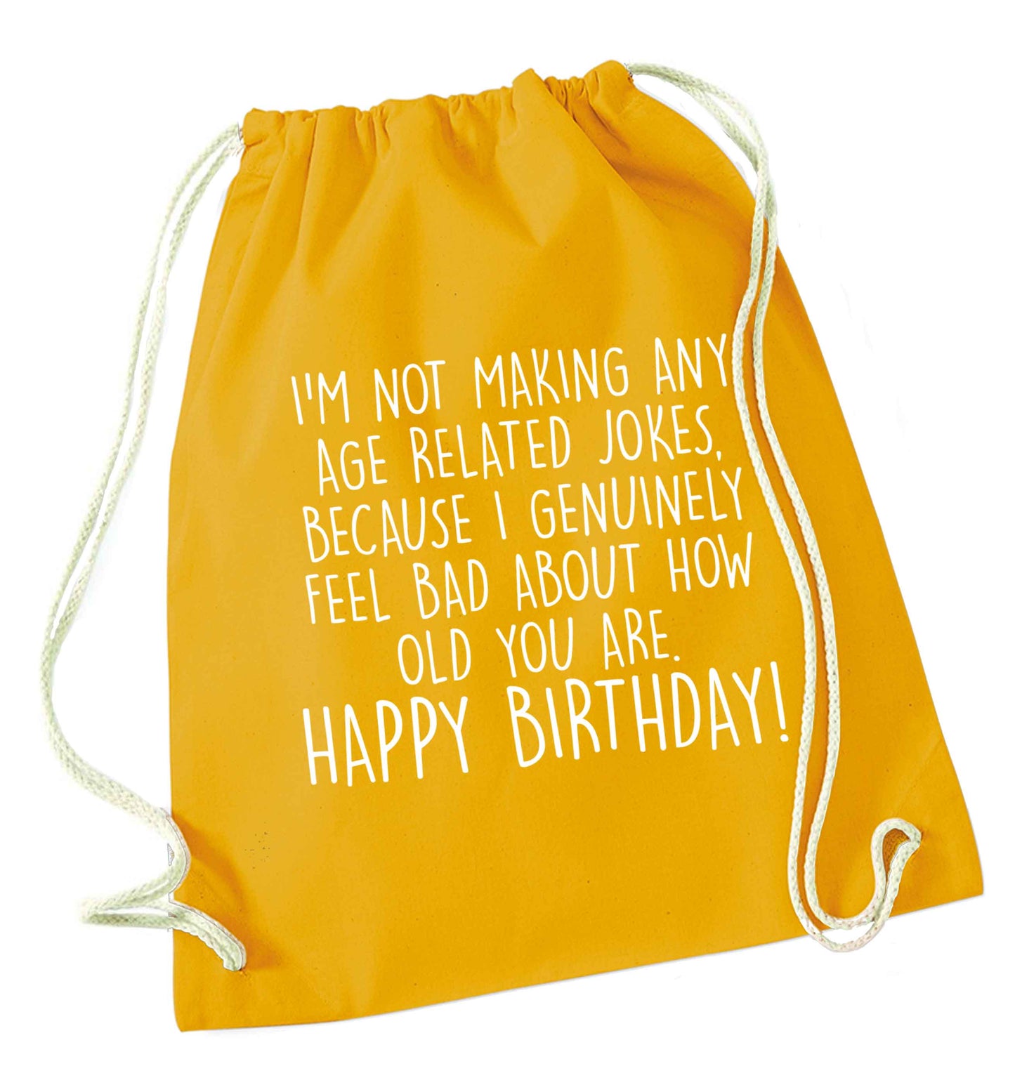 I'm not making any age related jokes because I genuinely feel bad for how old you are mustard drawstring bag