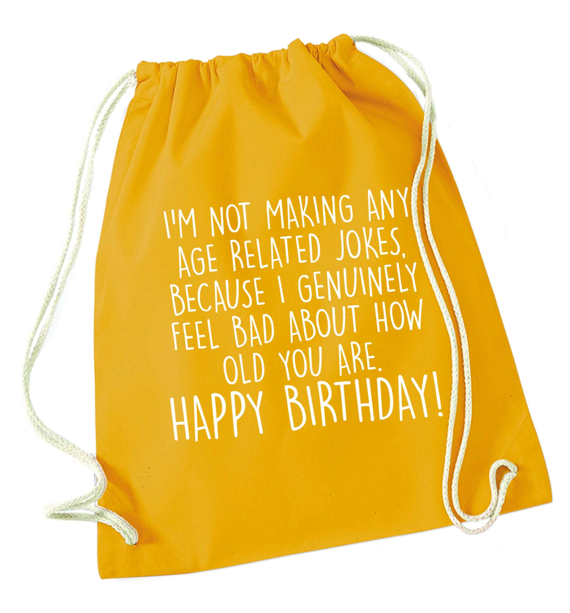I'm not making any age related jokes because I genuinely feel bad for how old you are mustard drawstring bag