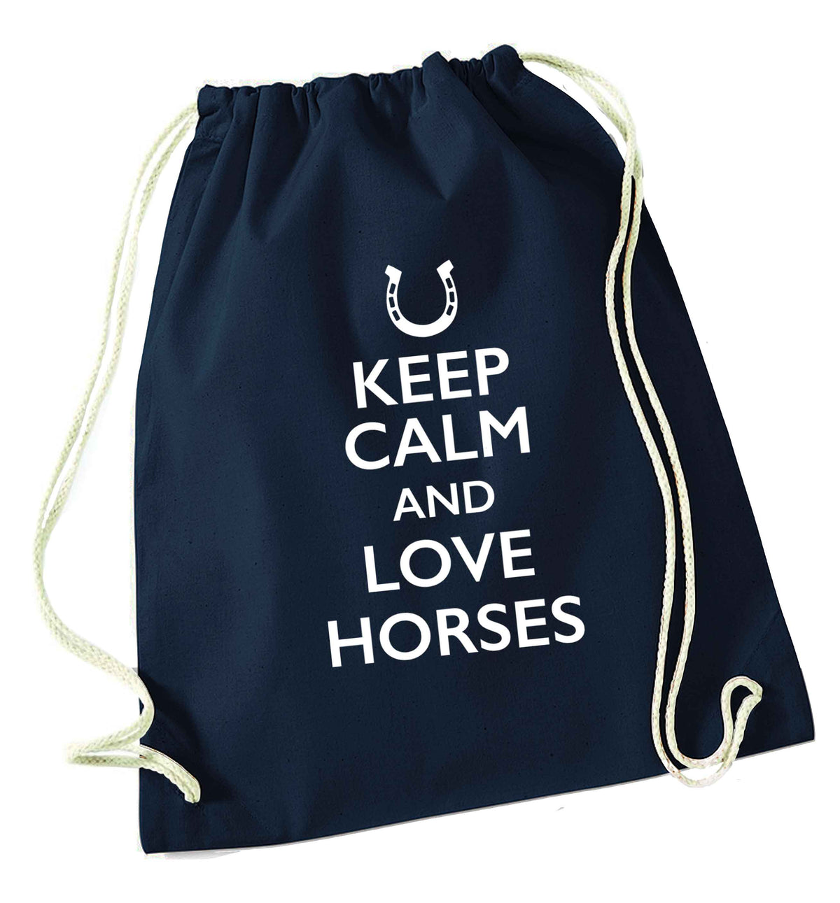 Keep calm and love horses navy drawstring bag