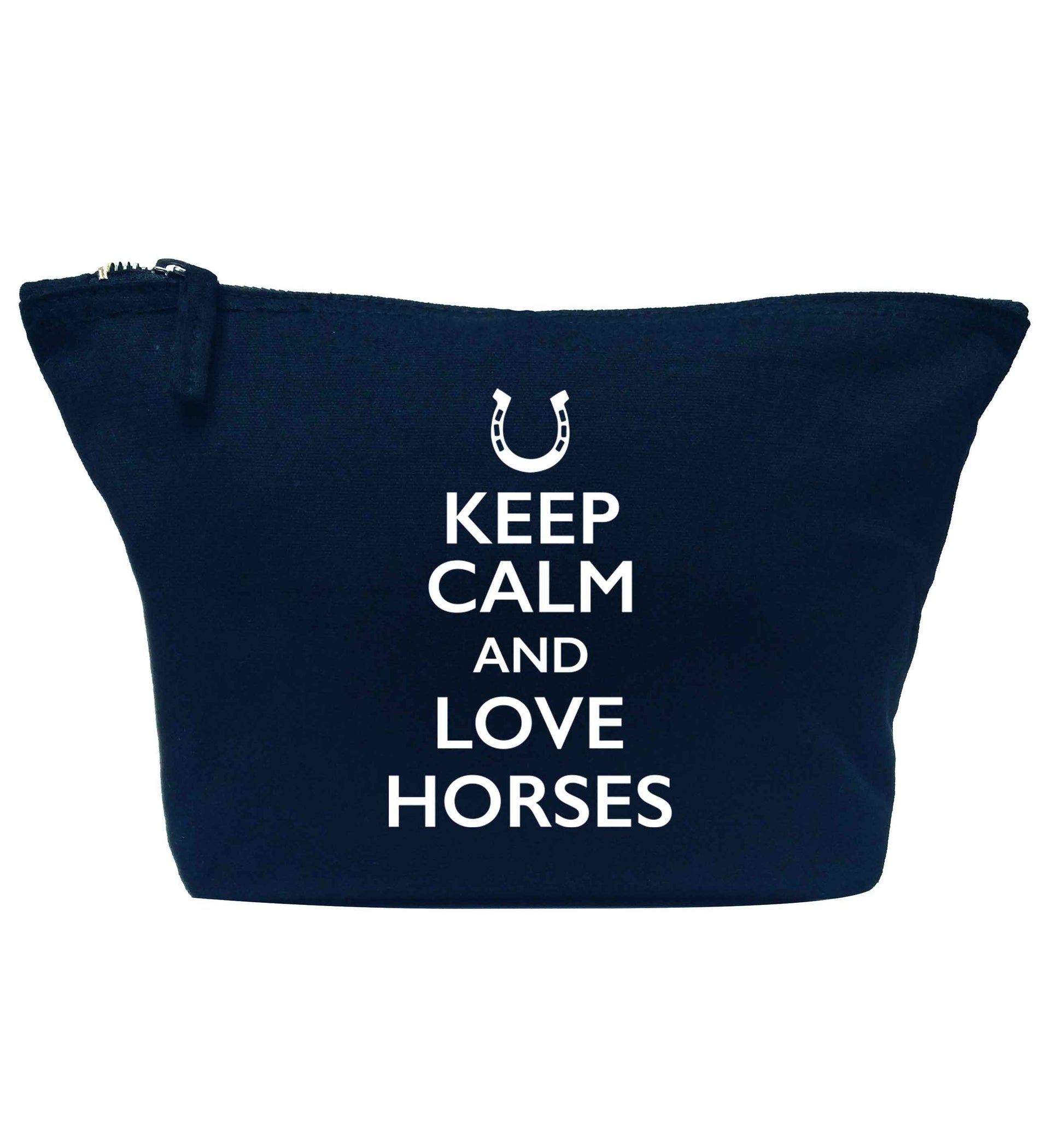 Keep calm and love horses navy makeup bag
