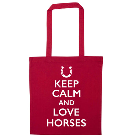 Keep calm and love horses red tote bag