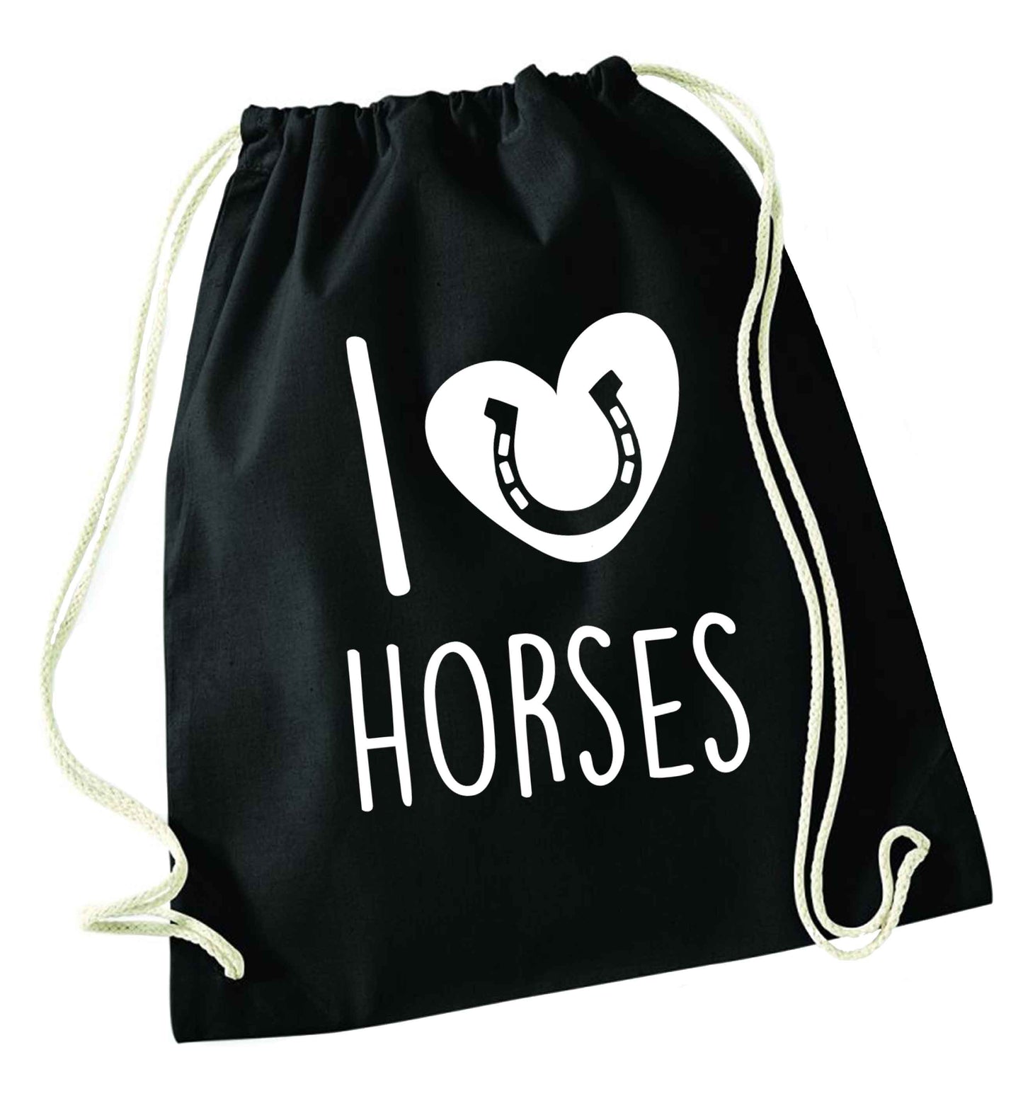 I love horses black drawstring bag