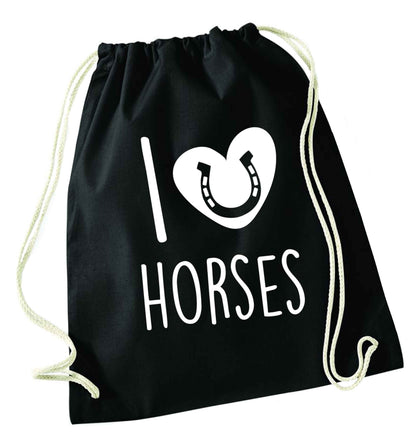 I love horses black drawstring bag