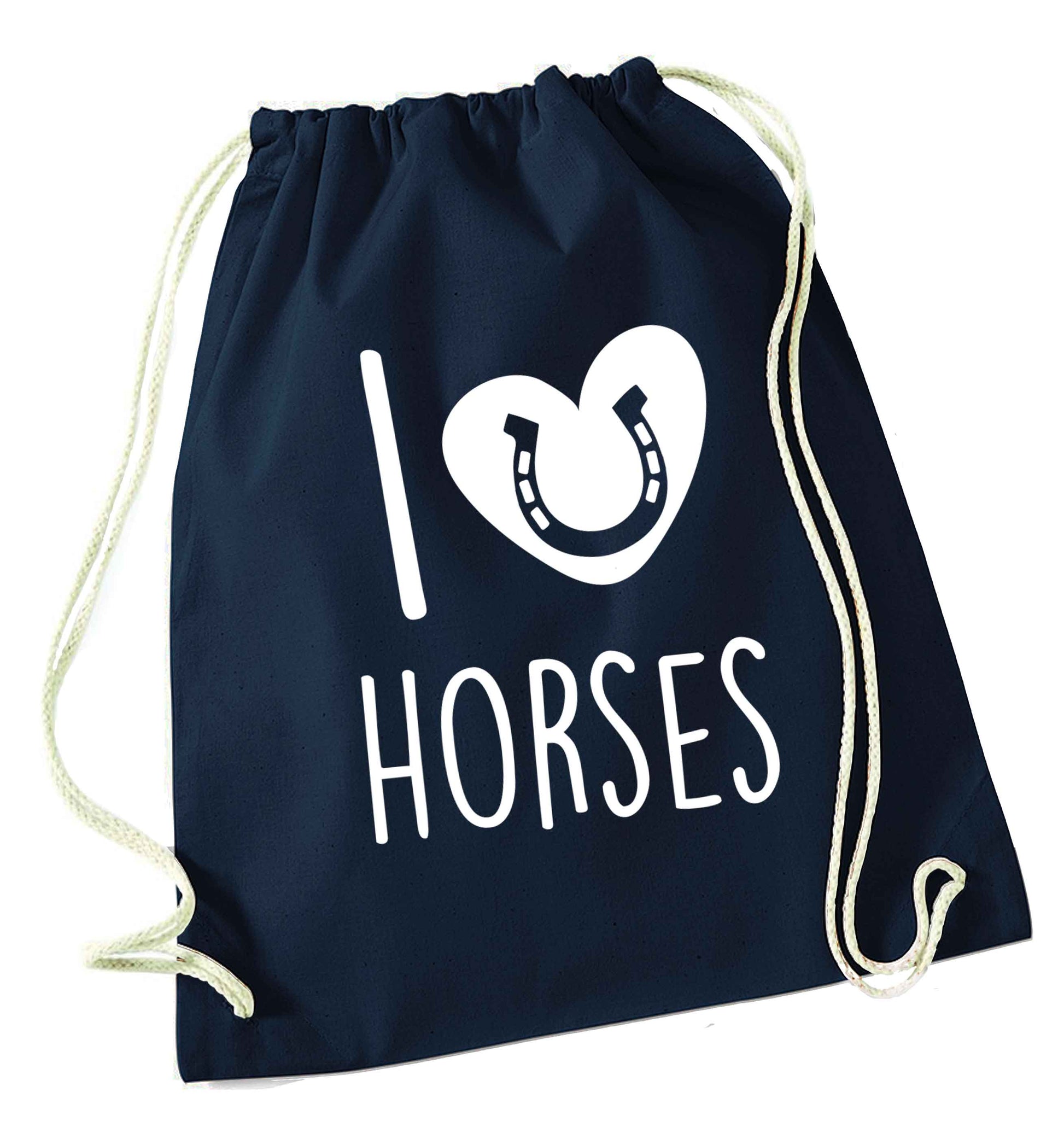 I love horses navy drawstring bag