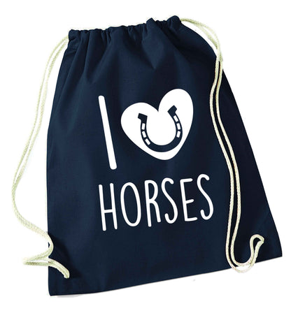 I love horses navy drawstring bag