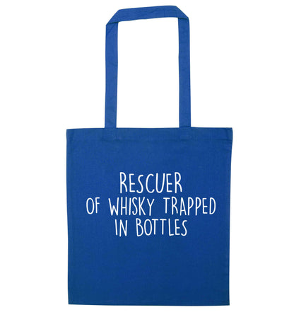 Rescuer of whisky trapped in bottles blue tote bag