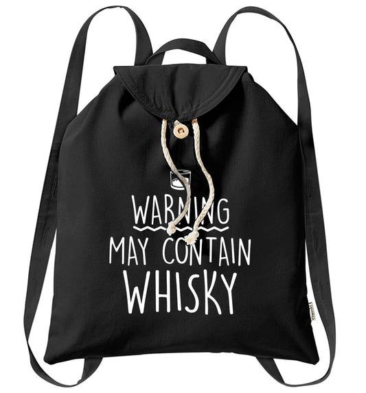 Warning may contain whisky organic cotton backpack tote with wooden buttons in black
