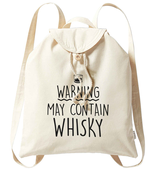 Warning may contain whisky organic cotton backpack tote with wooden buttons in natural