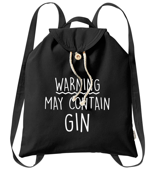 Warning may contain gin organic cotton backpack tote with wooden buttons in black