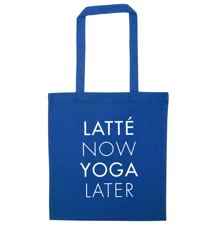 Latte now yoga later blue tote bag
