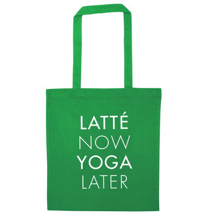 Latte now yoga later green tote bag