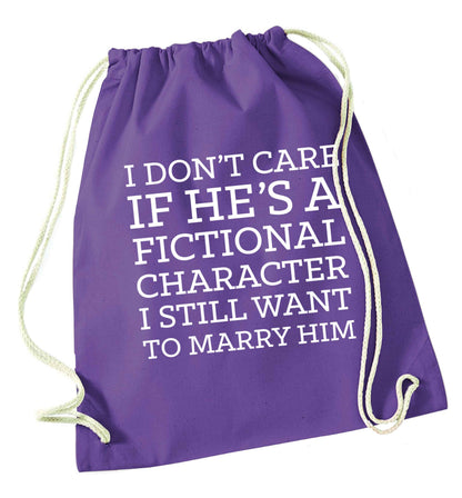 I don't care if he's a fictional character I still want to marry him purple drawstring bag