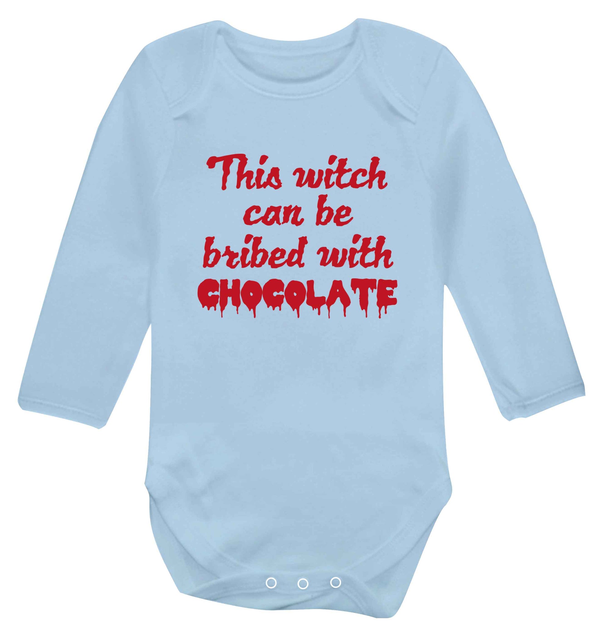 This witch can be bribed with chocolate baby vest long sleeved pale blue 6-12 months