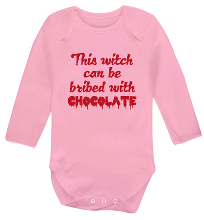 This witch can be bribed with chocolate baby vest long sleeved pale pink 6-12 months