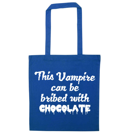 This vampire can be bribed with chocolate blue tote bag
