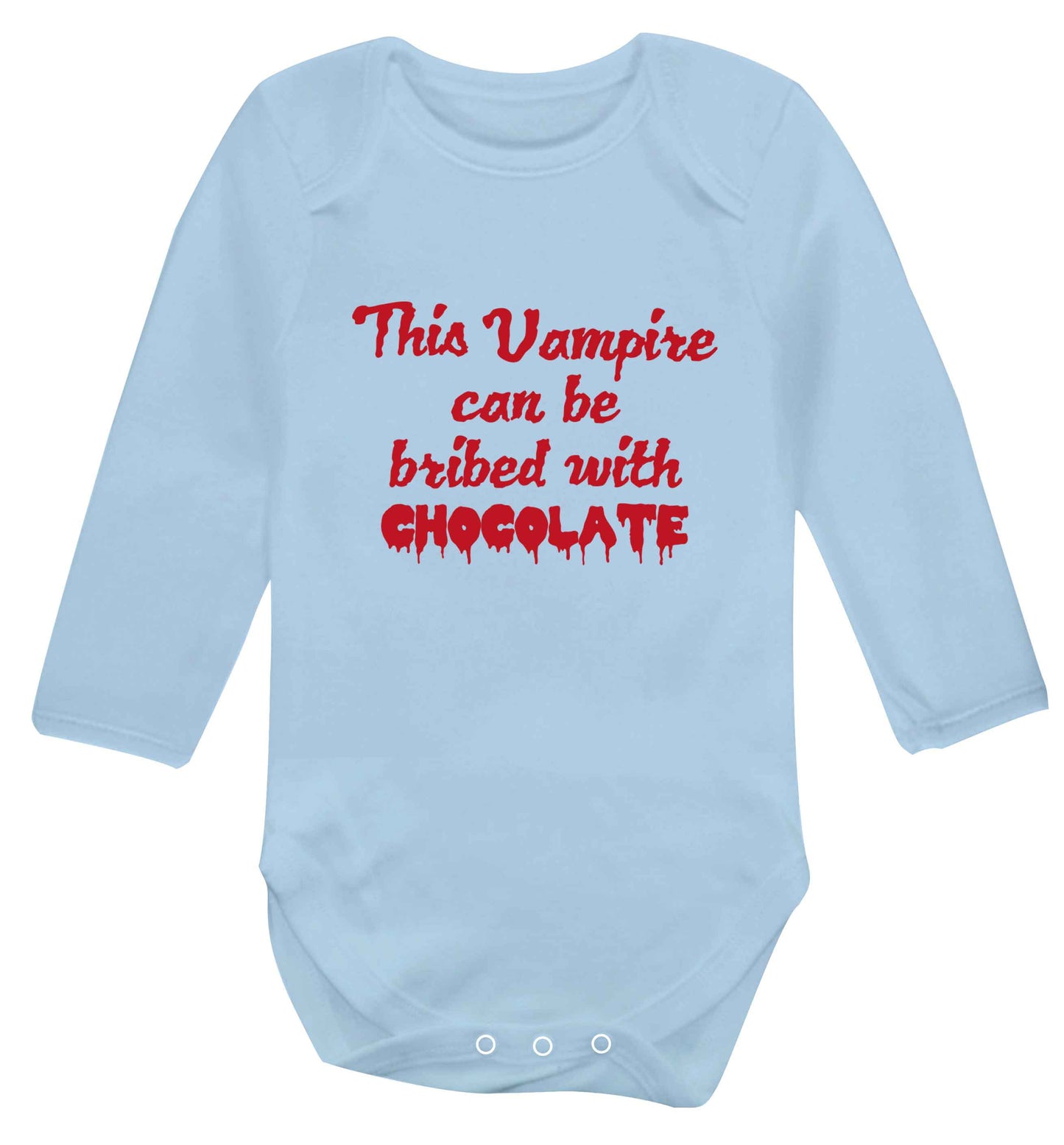 This vampire can be bribed with chocolate baby vest long sleeved pale blue 6-12 months