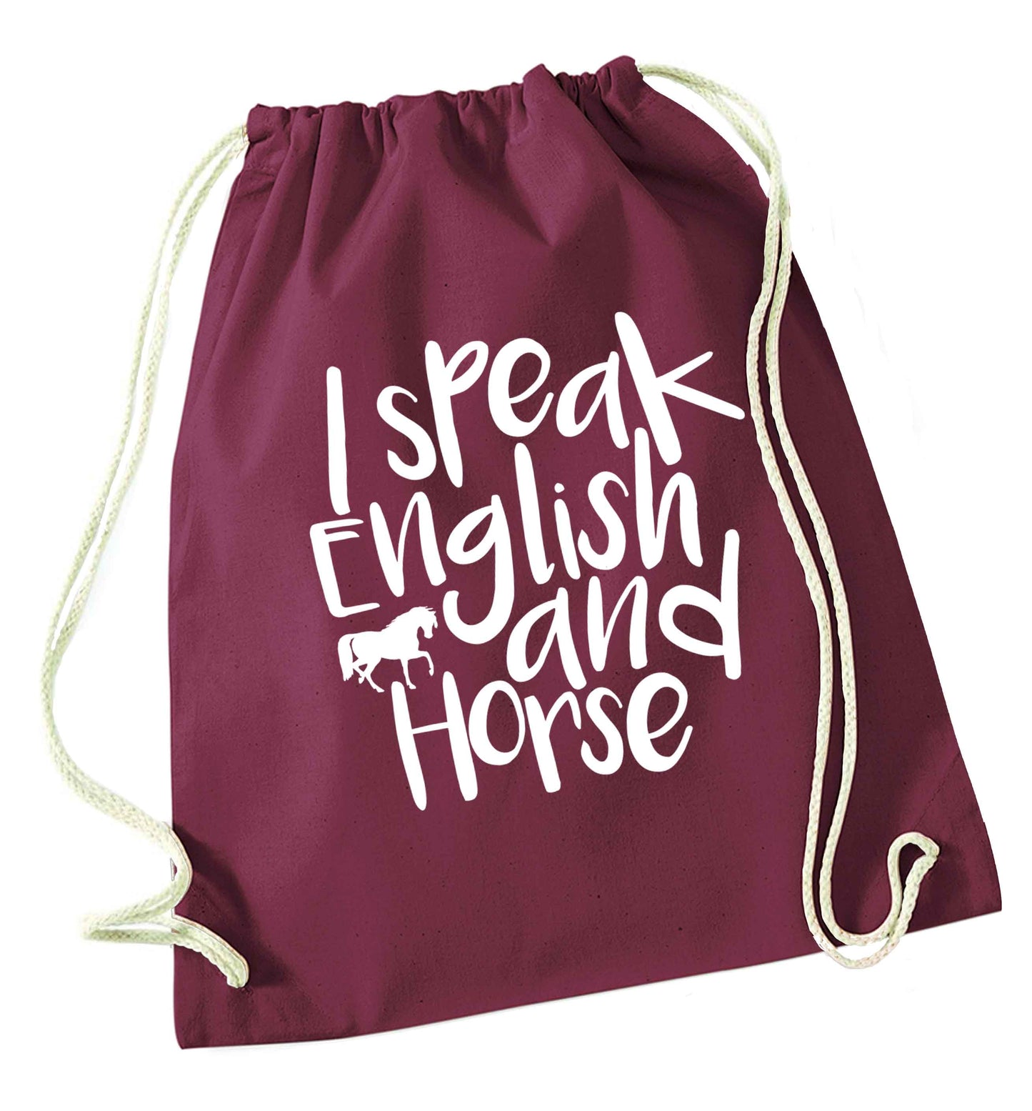 I speak English and horse maroon drawstring bag