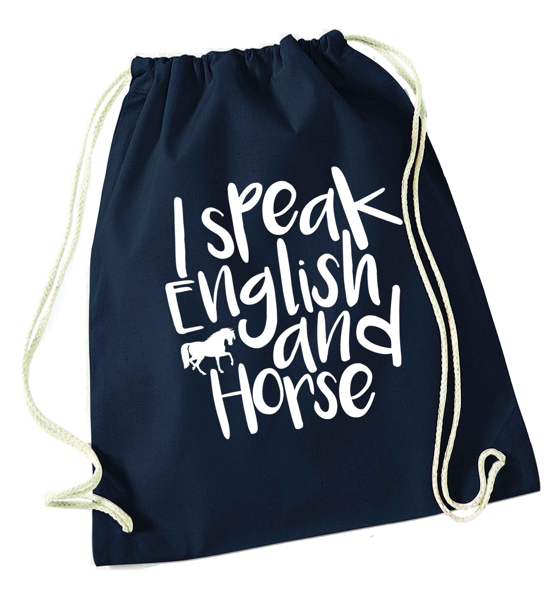 I speak English and horse navy drawstring bag