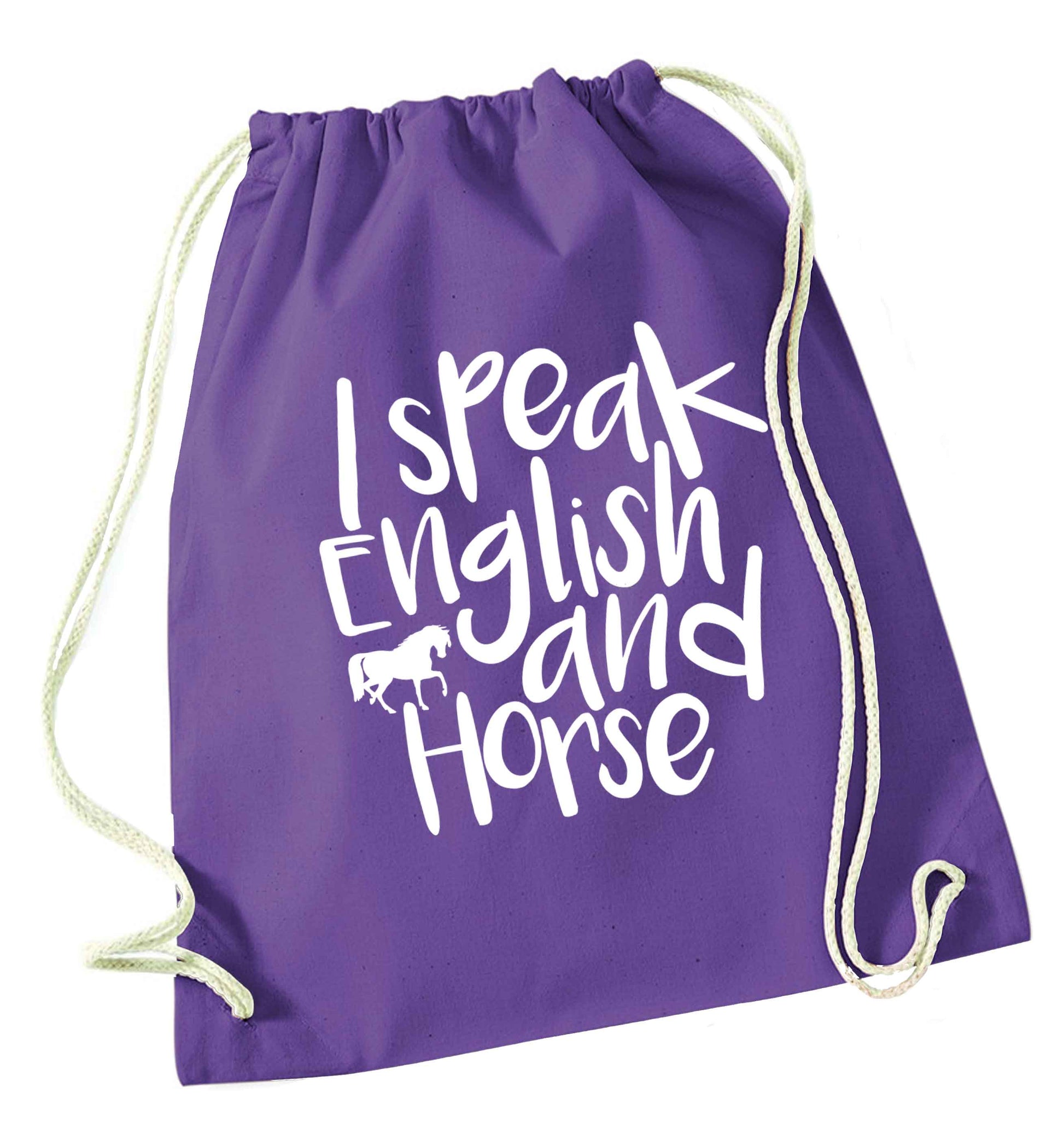 I speak English and horse purple drawstring bag