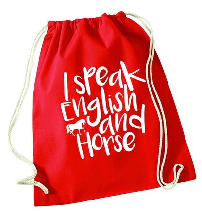 I speak English and horse red drawstring bag 