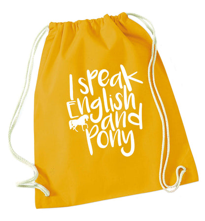 I speak English and pony mustard drawstring bag