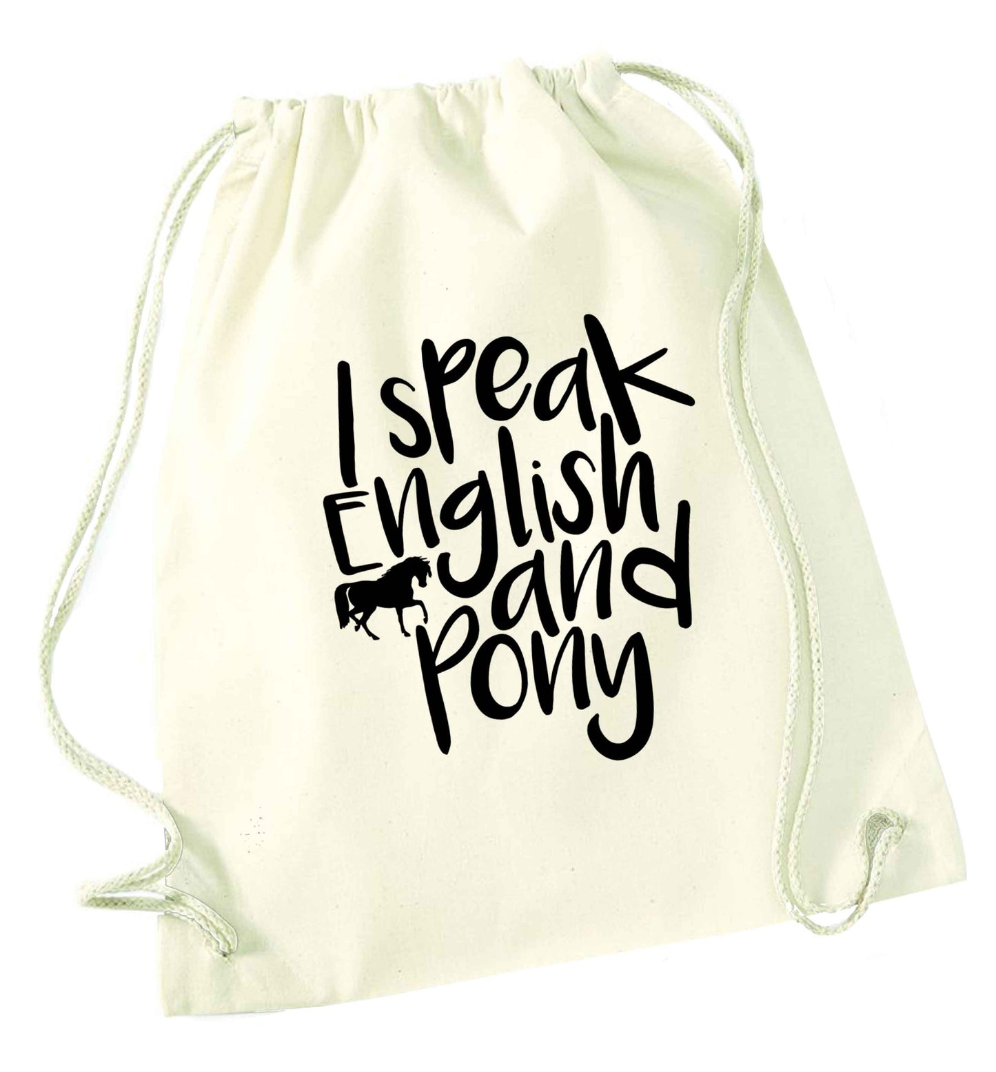 I speak English and pony natural drawstring bag