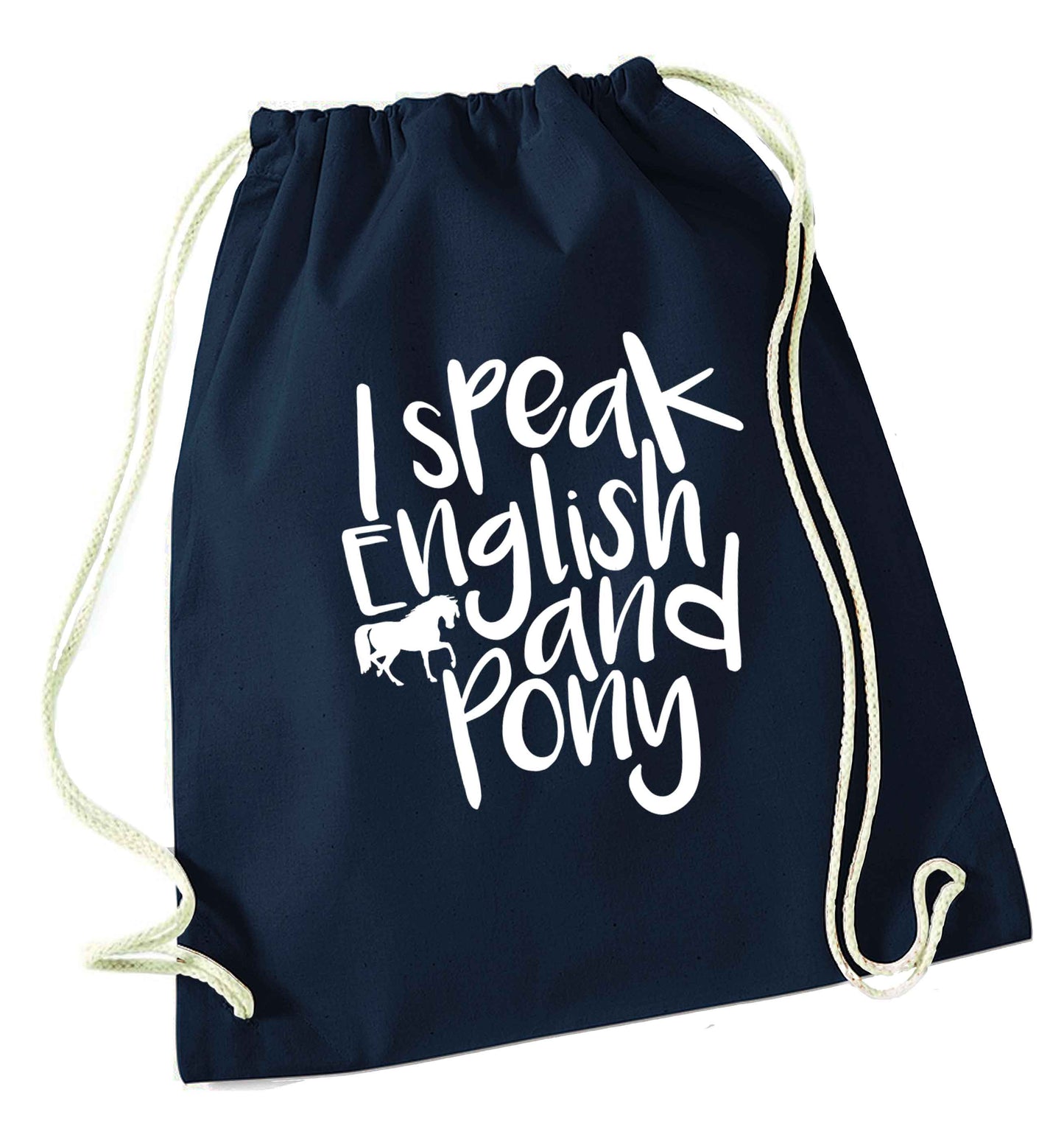 I speak English and pony navy drawstring bag