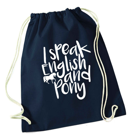 I speak English and pony navy drawstring bag
