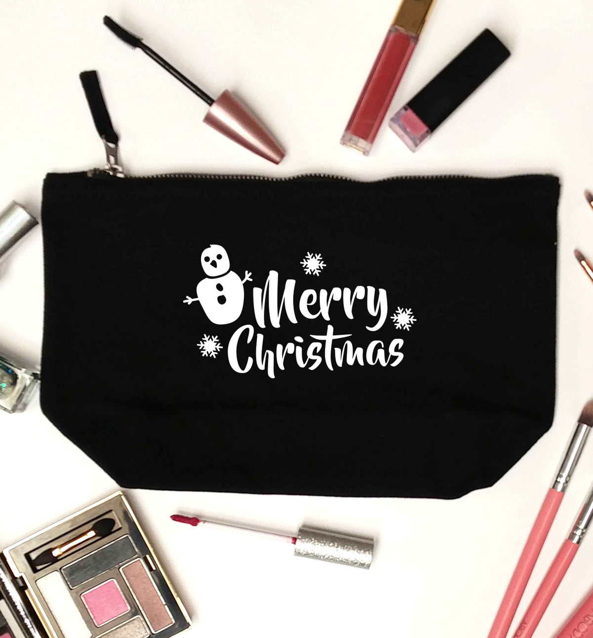 Merry Christmas - snowman black makeup bag