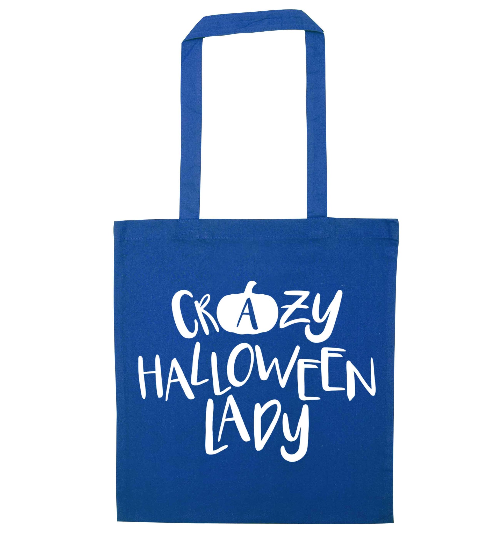 Crazy halloween lady blue tote bag