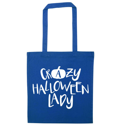 Crazy halloween lady blue tote bag
