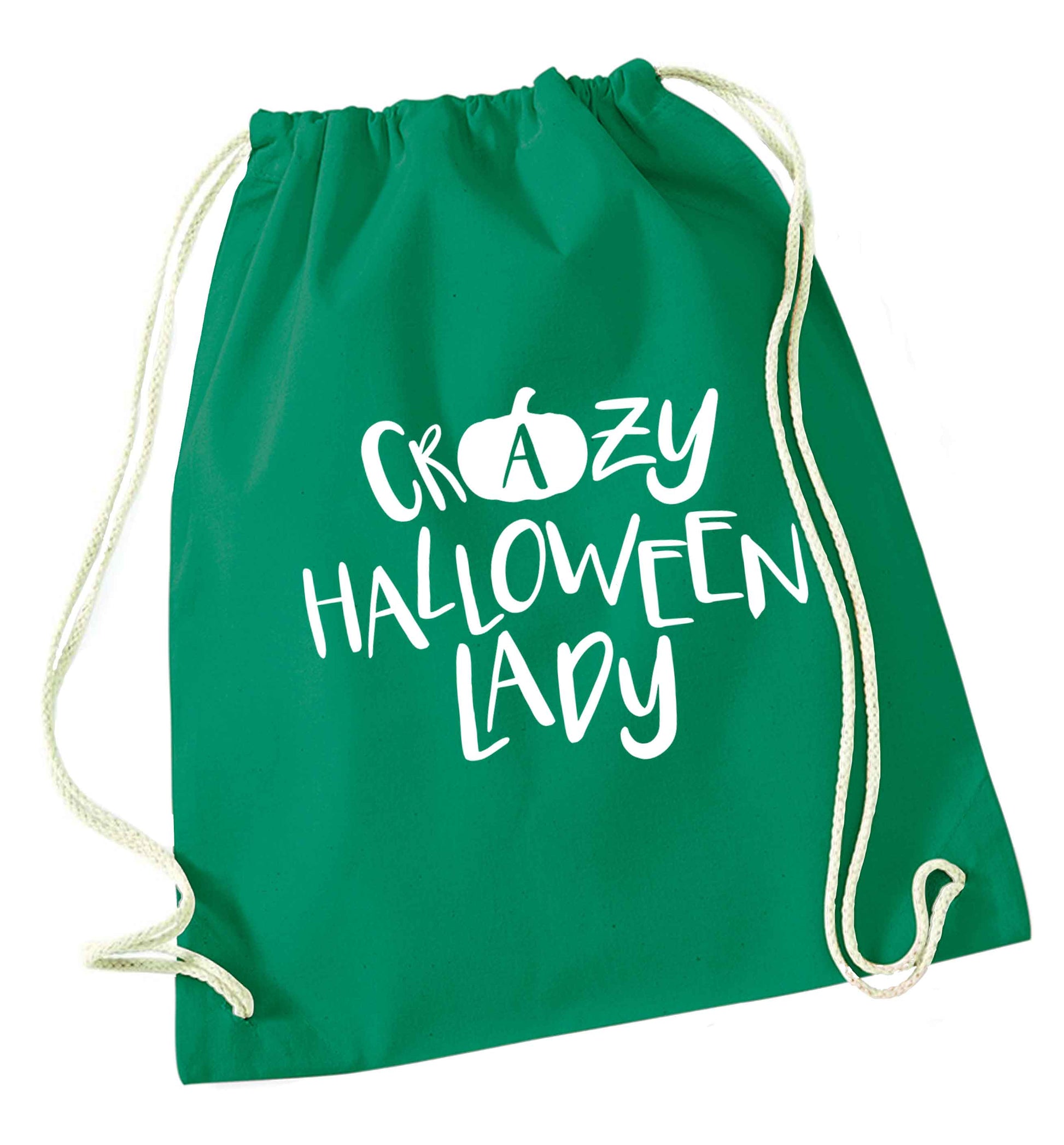 Crazy halloween lady green drawstring bag