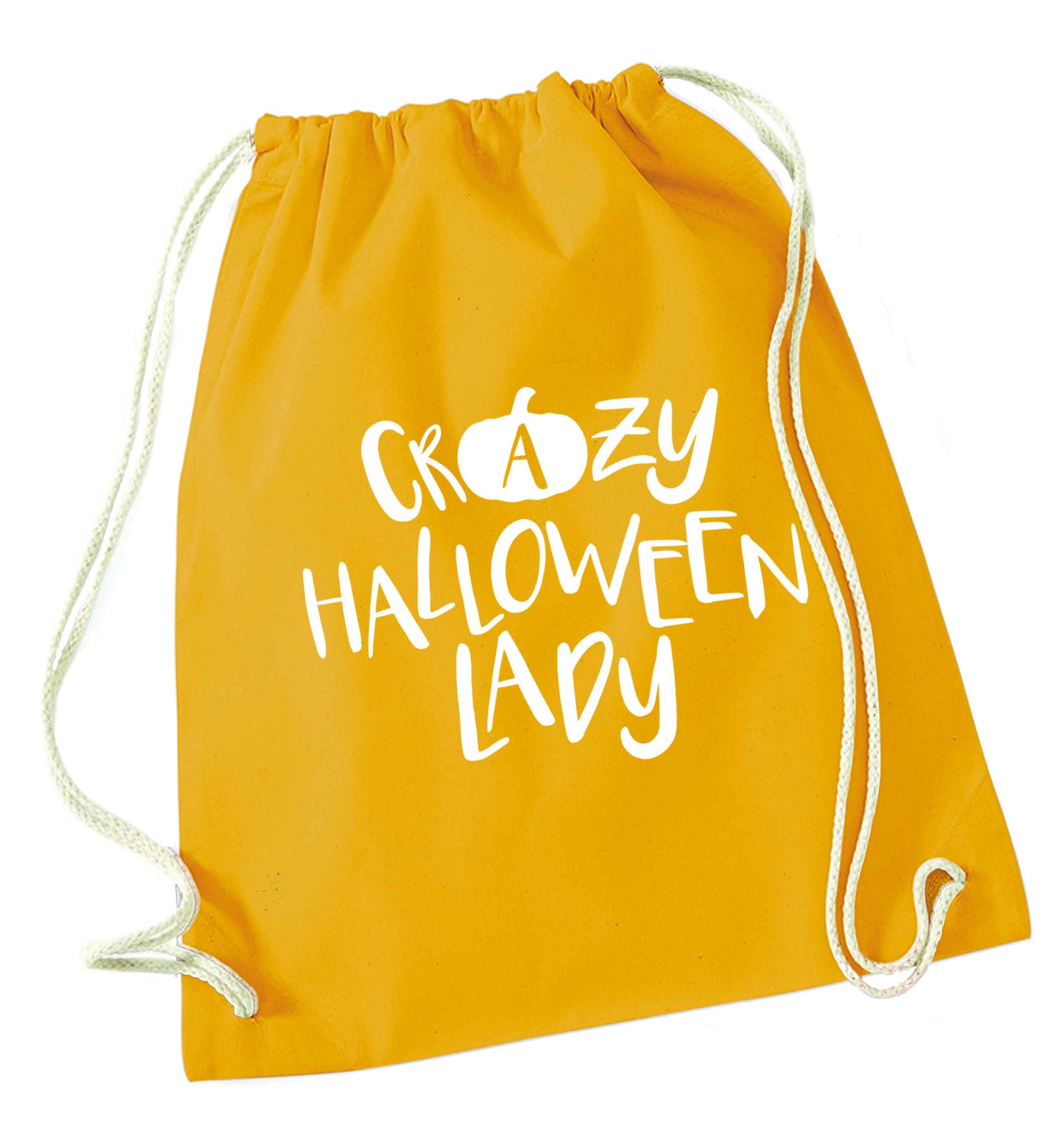 Crazy halloween lady mustard drawstring bag