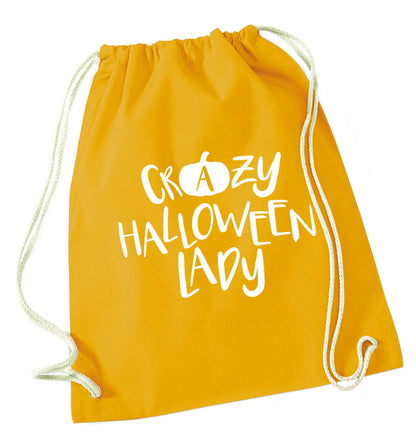 Crazy halloween lady mustard drawstring bag