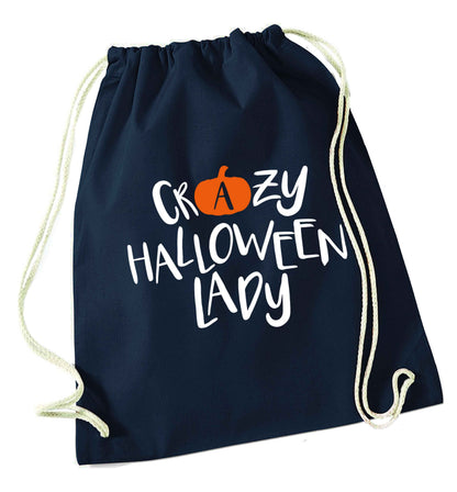 Crazy halloween lady navy drawstring bag
