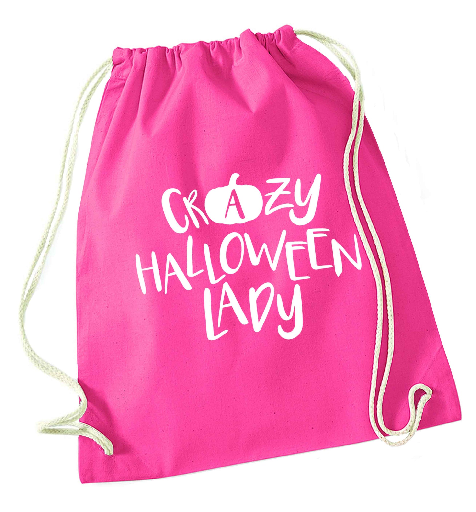 Crazy halloween lady pink drawstring bag