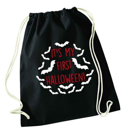 It's my first halloween - bat border black drawstring bag