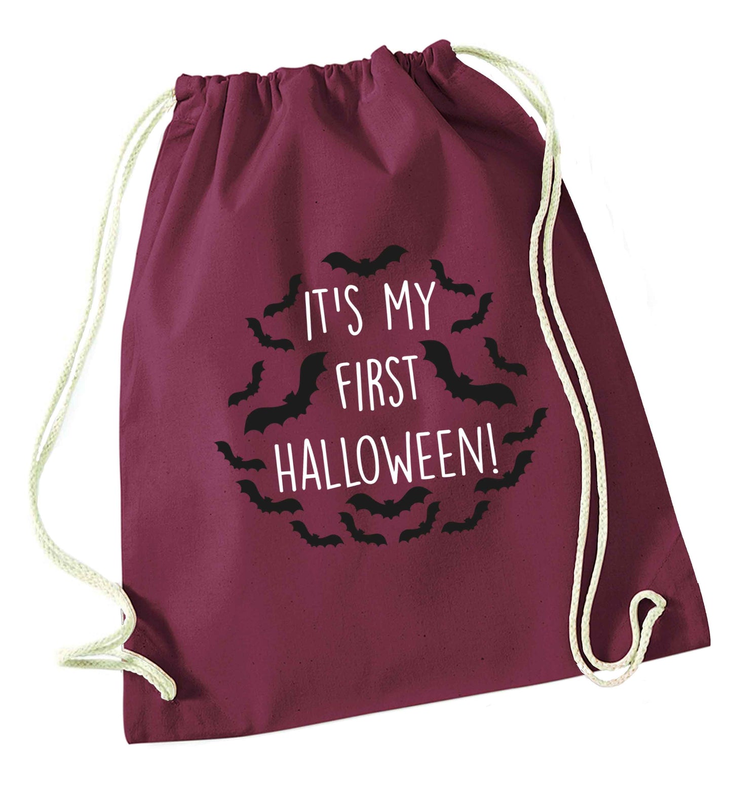 It's my first halloween - bat border maroon drawstring bag