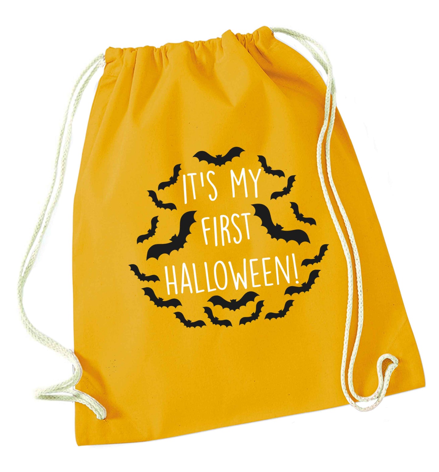It's my first halloween - bat border mustard drawstring bag