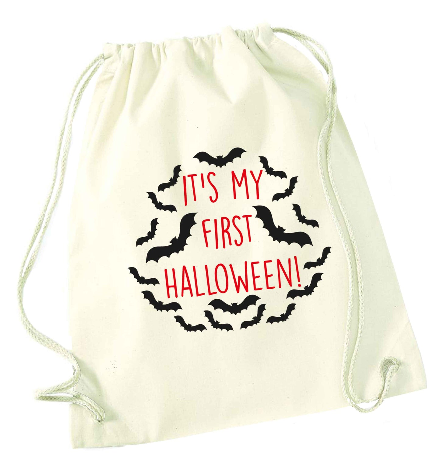 It's my first halloween - bat border natural drawstring bag