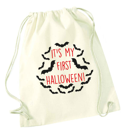 It's my first halloween - bat border natural drawstring bag