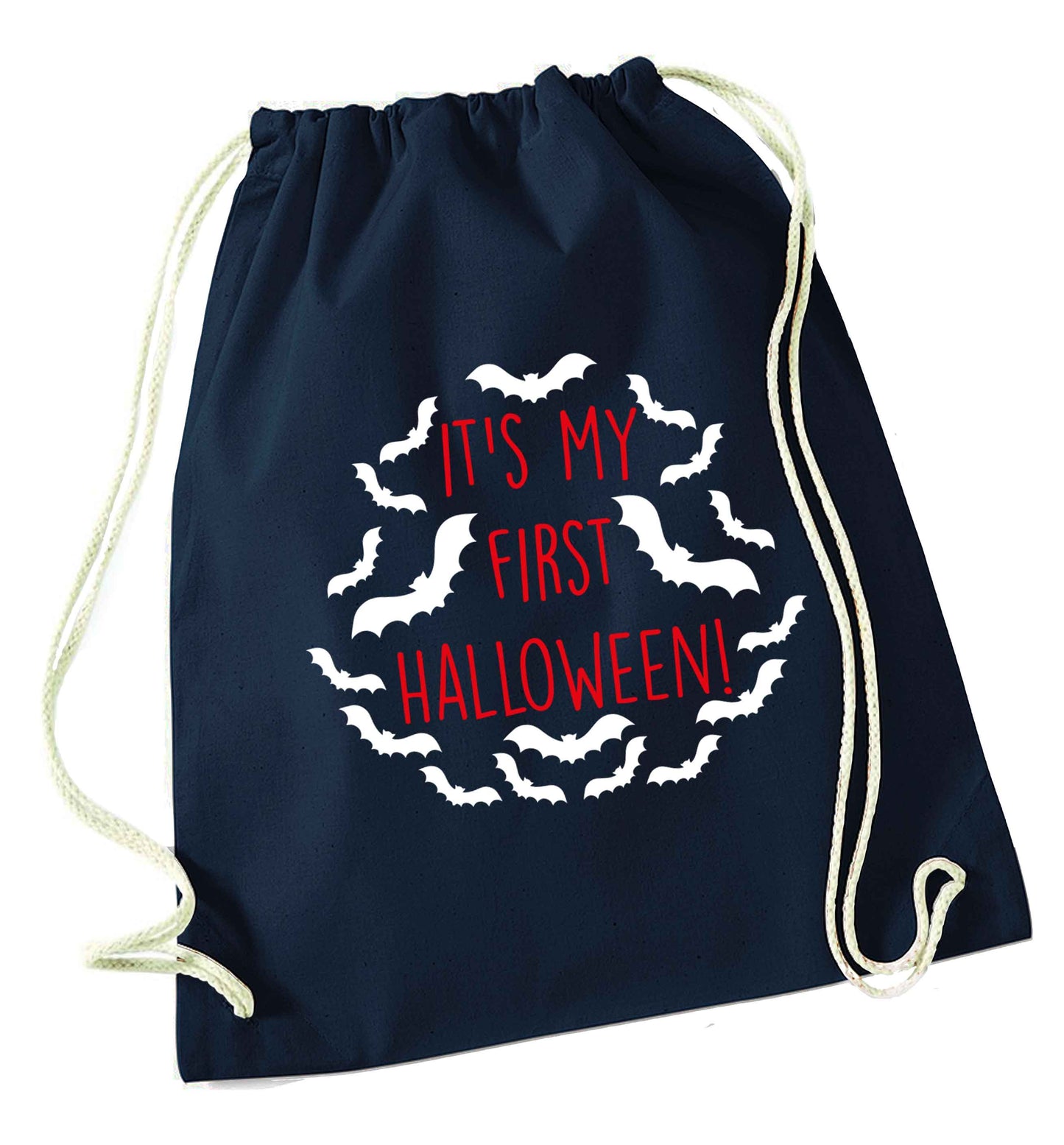 It's my first halloween - bat border navy drawstring bag