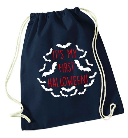 It's my first halloween - bat border navy drawstring bag