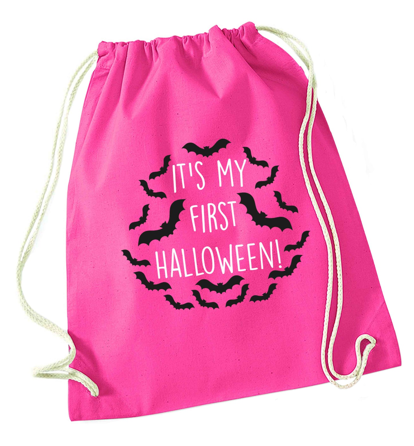 It's my first halloween - bat border pink drawstring bag