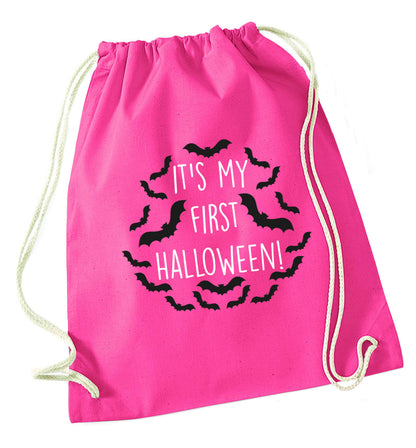 It's my first halloween - bat border pink drawstring bag