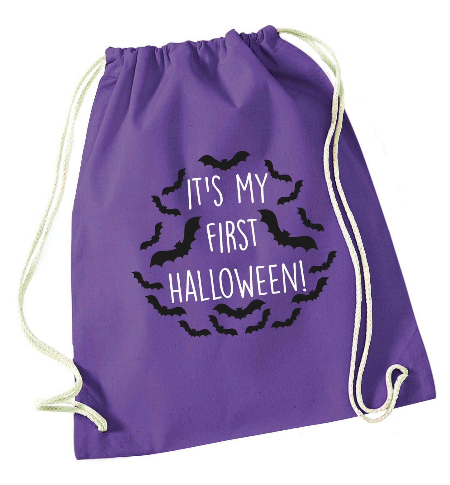 It's my first halloween - bat border purple drawstring bag