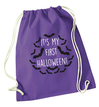 It's my first halloween - bat border purple drawstring bag