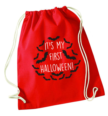 It's my first halloween - bat border red drawstring bag 