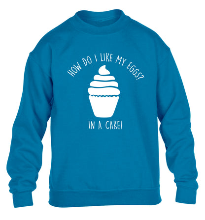How do I like my eggs? In a cake! children's blue sweater 12-14 Years
