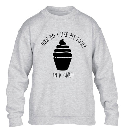 How do I like my eggs? In a cake! children's grey sweater 12-14 Years